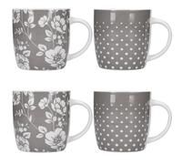 KitchenCraft Porcelain 4-Pieces Grey Floral/Polka Dot Mug Set in Gift Box