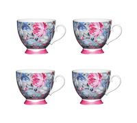 KitchenCraft Set of 4 China Grey Floral Footed Mugs in Light Blue Kitchencraft Light Blue