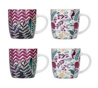Kitchen Craft Stoneware Barrel Coffee Mugs – Exotic Floral/Chevron – 425 ml – Set of 4 – Multicolor