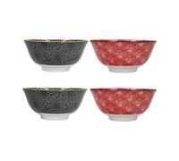KitchenCraft Set of 4 Red and Black Design Ceramic Bowls