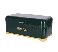 KitchenCraft Textured Large Bread Bin with Lid, Ventilated Design, 41.5 x 2 x 18cm - Hunter Green & Gold