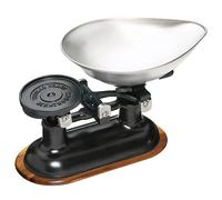 KitchenCraft Living Nostalgia Mechanical Kitchen Scale with Bowl in Gift Box, Scale made of Cast Iron with Acacia Wood Stand, Black