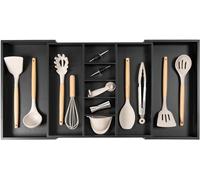 KitchenEdge Adjustable Kitchen Drawer Organizer for Utensils and Junk, Expandable to 19 to 33 Inches Wide, 9 Compartments, Food-Safe Contract Grade Black Finish with 100% Sustainable Bamboo Wood