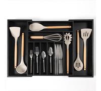 KitchenEdge Premium Silverware, Flatware and Utensil Organizer for Kitchen Drawers, Expandable 15 to 25 Inches Wide, 10 Compartments, Food-Safe Grade Black Finish 100% Bamboo Wood