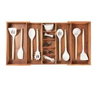 KitchenEdge Premium Silverware, Flatware and Utensil Organizer for Kitchen Drawers, Expandable 16 to 28 Inches Wide, 10 Compartments, Food-Safe Premium Acacia Wood Finish Kitchen Storage Tray