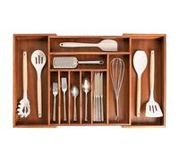 KitchenEdge Premium Silverware, Flatware and Utensil Organizer for Kitchen Drawers, Expandable 16 to 28 Inches Wide, 10 Compartments, Food-Safe Premium Acacia Wood Finish Kitchen Storage Tray