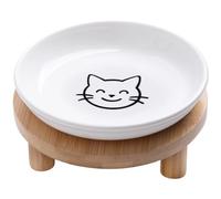KITCHENLESTAR Elevated Cat Bowl, 6 Inch Shallow Ceramic Cat Dish Whisker Friendly with 1.8 Inch Bamboo Stand, Raised Flat Cat Food Plate Feeding Station for Indoor Cats, Kittens, Single White