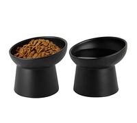 KITCHENLESTAR Elevated Cat Bowls, 15° Tilted Ceramic Raised Cat Food and Water Bowl Set, Whisker-Friendly Porcelain Pet Feeder Dishes for Indoor Cats and Small Dogs,Black,5.2 Inch,2 Pack