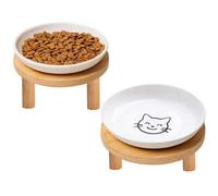 KITCHENLESTAR Elevated Cat Bowls Set of 2,6 Inch Shallow Ceramic Cat Dishes Whisker Friendly with Bamboo Stand (1.8 & 3 Inch),Raised Flat Cat Food Plate Feeding Station for Indoor Cats,Kittens,White