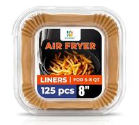 KitchenOra Air Fryer Liners Disposable, 125 Pcs 8" Square Parchment Paper for 5-8 QT Air Fryer Basket, Non-Stick, Oil-Proof, Unbleached, BPA-Free - Fits Ninja, Chefman, Instant Vortex (250, 8" Square)