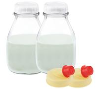 kitchentoolz 16 Oz Glass Milk Bottle with Lid - 16 Ounce Short and Wide Glass Milk Container for Refrigerator with Tamper Proof Lid and Pour Spout - Pack of 2