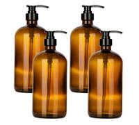 kitchentoolz 32-Ounce Large Amber Glass Boston Round Bottles w/Black Pumps. Great for Lotions, Soaps,Oils, Sauces - Food Safe and Medical Grade (4)