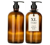 kitchentoolz 32 Ounce Large Boston Amber Glass Round Bottles w/Black Pumps. Ideal for Lotions, Soaps, Oils, Sauces - Food Safety and Medical Grade (2)