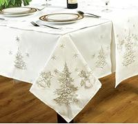 Kitchenwise 70" Round Festive White Silver Tablecloth, Christmas Party Events, Embroidered Fir Tree Bells Holly Leaf Snow Flake Grey