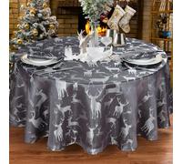 Kitchenwise 70" Round Large Stag Grey Silver Table Cloth, Slate Black Shimmer Deer