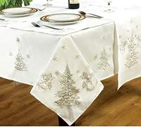 Kitchenwise 70"x108" Festive White Silver Tablecloth, Christmas Party Events, Embroidered Fir Tree Bells Holly Leaf Snow Flake Grey