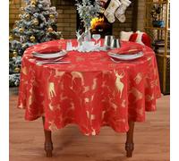 Kitchenwise Large Stag Red Gold 70" Round Table Cloth, Shimmer Deer