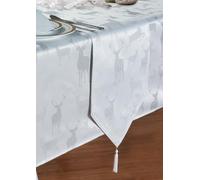 Kitchenwise Large Stag White Silver Table Runner, V End, Tassels, Shimmer Deer