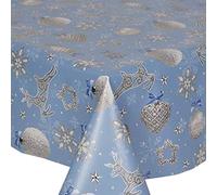 Kitchenwise PVC Tablecloth Xmas Sparkle Blue 1 Metre (100cm x 140cm), Christmas Snowflake Stag Deer Hearts Sparkle Star Baubles Bows, Pastel Blue White Silver, Vinyl/Plastic Table Cloth