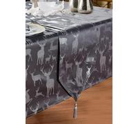 Kitchenwise Table Runner Large Stag Grey Silver, V End, Tassels, Slate Black Shimmer Deer