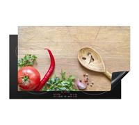 KitchenYeah© Induction Hob Cover Protector Mat 20.5"x35.4" / 90x52 cm Kitchen Universal Ceramic Covers for Electric Cookers Vinyl Vegetable - Wood Texture - Ladle - Smiley - Tomato