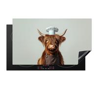 KitchenYeah© Induction Hob Cover Protector Mat 20.5"x35.9" / 91.2x52 cm Kitchen Universal Ceramic Covers for Electric Cookers Vinyl Scottish Highlander - Brown - Horns - Chefs Hat