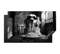 KitchenYeah© Induction Hob Cover Protector Mat 20.8"x36" / 91.6x52.7 cm Kitchen Universal Ceramic Covers for Electric Cookers Vinyl Golden Retriever - Dog - Cheerful - Plate Spaghetti