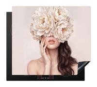 KitchenYeah© Induction Hob Protector Mat 20.1"x23.2" / 59x51 cm Cooker Top Protectors Cover Ceramic Covers Electric Hobs Vinyl Face - Peony - Cream