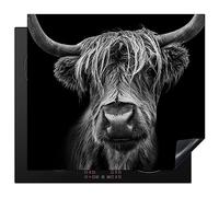 KitchenYeah© Induction Hob Protector Mat 20.2"x22.9" / 58.3x51.3 cm Stove Cap Top Cover Kitchen Cooker Covers for Electric Hobs Vinyl Scottish Highlander - Horns - Black - White - Cow