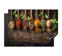 KitchenYeah© Induction Hob Protector Mat 20.3"x29.9" / 76x51.5 cm Stove Cap Top Cover Kitchen Cooker Covers for Electric Hobs Vinyl Herbs - Spices - Spoon - Leaves - Wood Print - Still Life