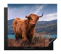 KitchenYeah© Induction Hob Protector Mat 20.5"x23.2" / 59x52 cm Cooker Top Protectors Cover Ceramic Covers Electric Hobs Vinyl Scottish Highlander - Mountain - Water - Nature - Cow