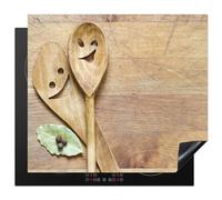 KitchenYeah© Induction Hob Protector Mat 20.5"x23.2" / 59x52 cm Stove Cap Top Cover Kitchen Cooker Covers for Electric Hobs Vinyl Wood - Spoons - Brown - Smiley