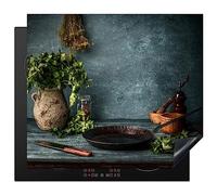KitchenYeah© Induction Hob Protector Mat 20.5"x23.6" / 60x52 cm Cooker Top Protectors Cover Ceramic Covers Electric Hobs Vinyl Herbs - Spices - Pan - Knife - Grey - Rustic
