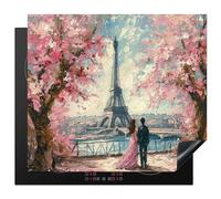 KitchenYeah© Induction Hob Protector Mat 20.5"x23.6" / 60x52 cm Cooker Top Protectors Cover Ceramic Covers Electric Hobs Vinyl Eiffel Tower - Couple - Pink - Romantic - Trees - Paris
