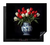 KitchenYeah© Induction Hob Protector Mat 20.5"x23.6" / 60x52 cm Stove Cap Top Cover Kitchen Cooker Covers for Electric Hobs Vinyl Red - Flowers - Tulips - Vase