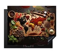 KitchenYeah© Induction Hob Protector Mat 20.5"x25.6" / 65x52 cm Stove Cap Top Cover Kitchen Cooker Covers for Electric Hobs Vinyl Herbs - Spices - World Map - Brown - Spoon - Colourful