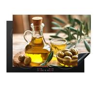 KitchenYeah© Induction Hob Protector Mat 20.5"x30.7" / 78x52 cm Stove Cap Top Cover Kitchen Cooker Covers for Electric Hobs Vinyl Olives - Shelf - Olive Oil - Leaves