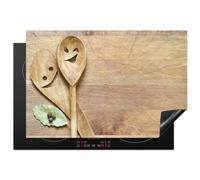 KitchenYeah© Induction Hob Protector Mat 20.5"x30.7" / 78x52 cm Stove Cap Top Cover Kitchen Cooker Covers for Electric Hobs Vinyl Wood - Spoons - Brown - Smiley