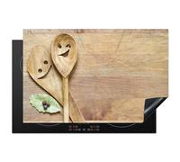 KitchenYeah© Induction Hob Protector Mat 20.5"x31.5" / 80x52 cm Stove Cap Top Cover Kitchen Cooker Covers for Electric Hobs Vinyl Wood - Spoons - Brown - Smiley