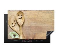 KitchenYeah© Induction Hob Protector Mat 20.5"x33.5" / 85x52 cm Stove Cap Top Cover Kitchen Cooker Covers for Electric Hobs Vinyl Wood - Spoons - Brown - Smiley