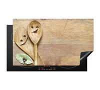 KitchenYeah© Induction Hob Protector Mat 20.5"x35.4" / 90x52 cm Stove Cap Top Cover Kitchen Cooker Covers for Electric Hobs Vinyl Wood - Spoons - Brown - Smiley
