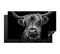 KitchenYeah© Induction Hob Protector Mat 20.8"x36" / 91.6x52.7 cm Stove Cap Top Cover Kitchen Cooker Covers for Electric Hobs Vinyl Scottish Highlander - Horns - Black - White - Cow