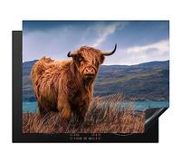 KitchenYeah© Induction Hob Protector Mat 23.2"x30.3" / 77x59 cm Cooker Top Protectors Cover Ceramic Covers Electric Hobs Vinyl Scottish Highlander - Mountain - Water - Nature - Cow