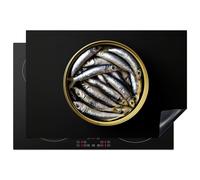 KitchenYeah© Induction Hob Protector Mat Cooker Top Protectors Cover | 20.1"x30.3" / 77x51 cm - Ceramic Covers Electric Hobs Vinyl Sardines - Fish - Round - Black