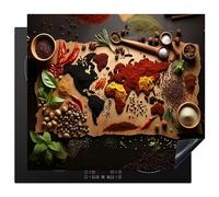 KitchenYeah© Induction Hob Protector Mat Stove Cap Top Cover Kitchen Cooker | 20.5"x23.6" / 60x52 cm - Covers for Electric Hobs Vinyl Herbs - Spices - World Map - Brown - Spoon - Colourful