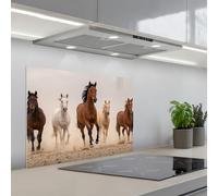 KitchenYeah© Splashback for kitchen 20"x28" / 50x70 cm self-adhesive Sink Splash Splatter Guard Splashbacks Walls Herd of horses - Dust cloud - Brown - Black
