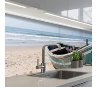 KitchenYeah© Splashback for kitchen 24"x118" / 60x300 cm self adhesive Sink Splash Splatter Guard Backsplash Decor Boat - Sandy beach - Sea