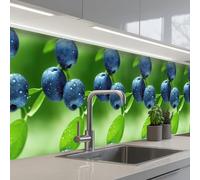 KitchenYeah© Splashback for kitchen 24"x118" / 60x300 cm self adhesive Sink Splash Splatter Guard Backsplash Decor Blueberries - Purple - Leaves - Green
