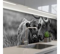 KitchenYeah© Splashback for kitchen 24"x118" / 60x300 cm self-adhesive Wall Protector Decor Panels Cooker Backsplash Scottish highlander - Calf - Black - White