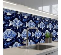 KitchenYeah© Splashback for kitchen 24"x118" / 60x300 cm self-adhesive Wall Protector Decor Panels Cooker Backsplash Pisces - Flowers - Blue